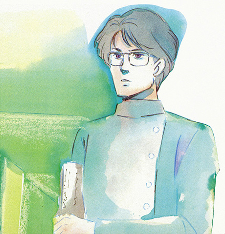 watercolor illustration of an anime character, a man with dark hair and glasses, wearing a plain uniform which buttons up on one side and holding a stack of papers under one arm