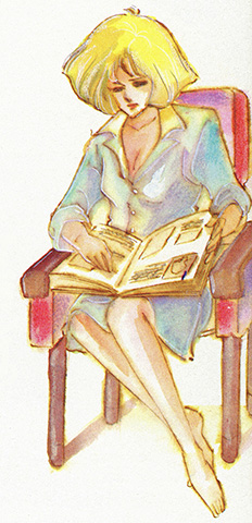 watercolor illustration of Sayla wearing the oversized button-up shirt from a previous illustration, seated in an armchair and looking at a photo album