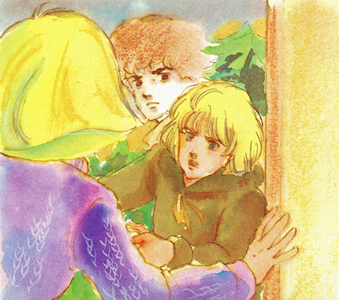 watercolor illustration of Sayla, wearing a purple sweater, opening a door to see a young man with blonde hair stumbling in from the forest outside, while her imagined image of Amuro is visible above the man