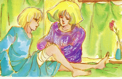 watercolor illustration of Sayla, wearing a wide-necked purple sweater and bandaging a wound on the blonde young man's leg