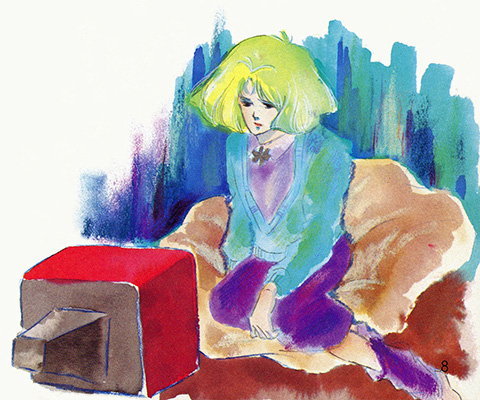 watercolor illustration of Sayla, seated on a large cushion, wearing a more formal outfit than other illustrations, and watching a small CRT television