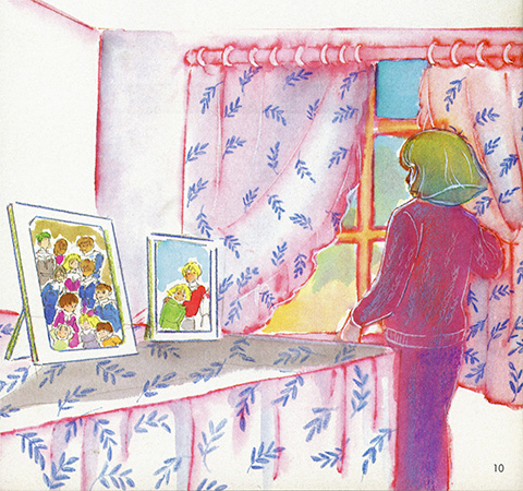 watercolor illustration of Sayla, dressed differently from before, parting curtains to look out a window, while in the foreground are two framed photos - her and Char as young adults, and a group portrait of the White Base crew